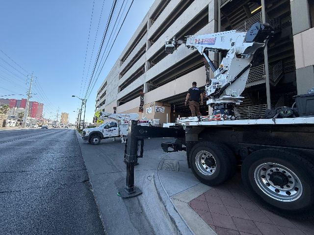 NGL C-Series 7x20 outdoor EMC installed at Bell Limousine, Las Vegas NV — wide view.