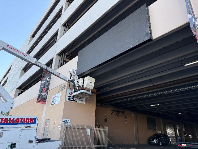 Side view of the 7 high by 20 wide C-Series outdoor LED sign in Las Vegas, NV.